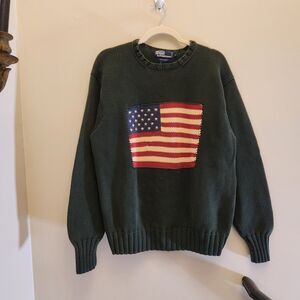 Vtg Polo Ralph Lauren USA American Flag Knit Sweater Dark Green 100% Cotton Sz L